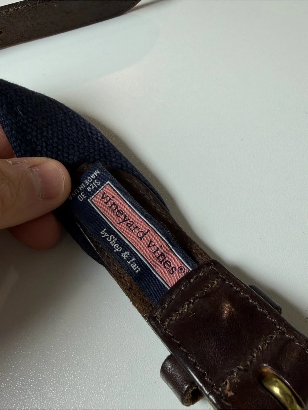 Vineyard Vines 30W Burgundy Elephant Canvas Belt with Brown Leather Brass Buckle